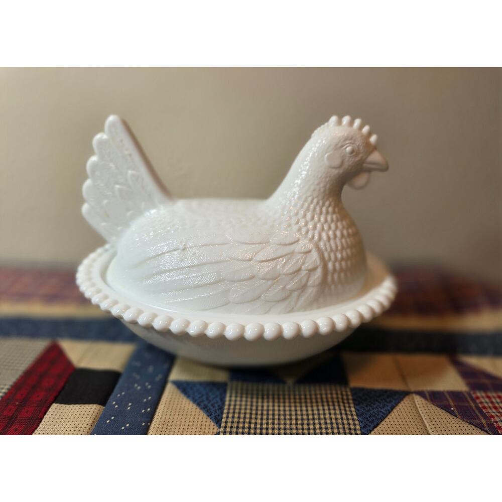 Vintage milk glass hen on nest covered dish